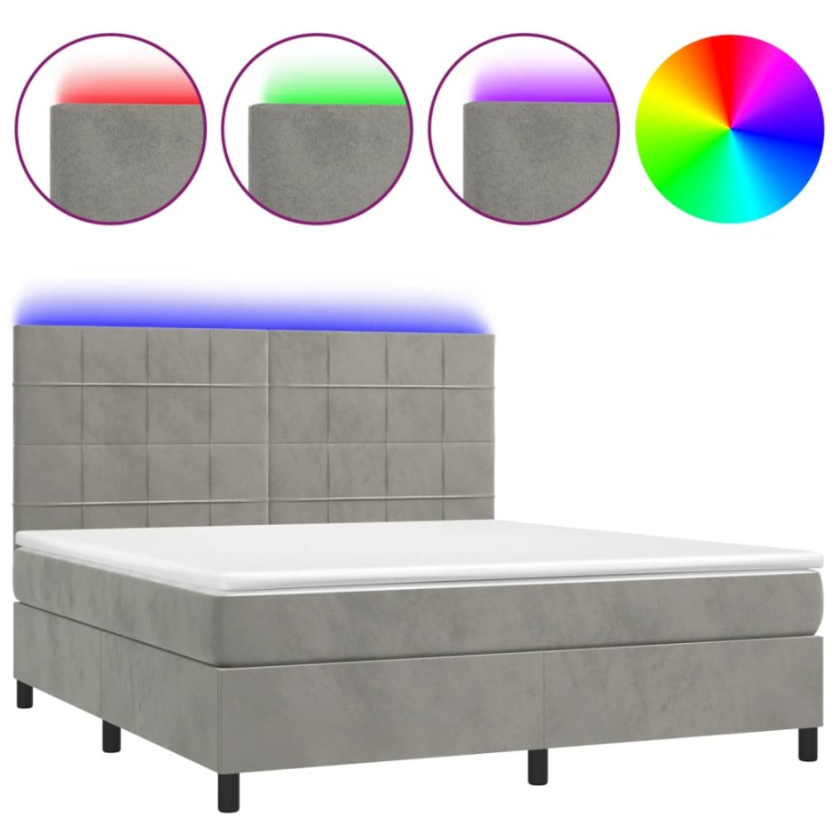 Cama box spring colchón y LED terciopelo gris claro 160x200