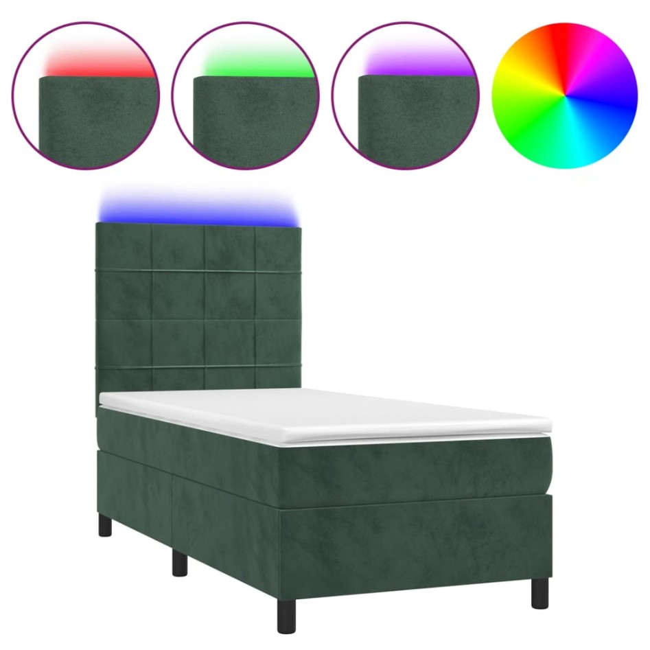 Cama box spring colchón y LED terciopelo verde oscuro 90x200