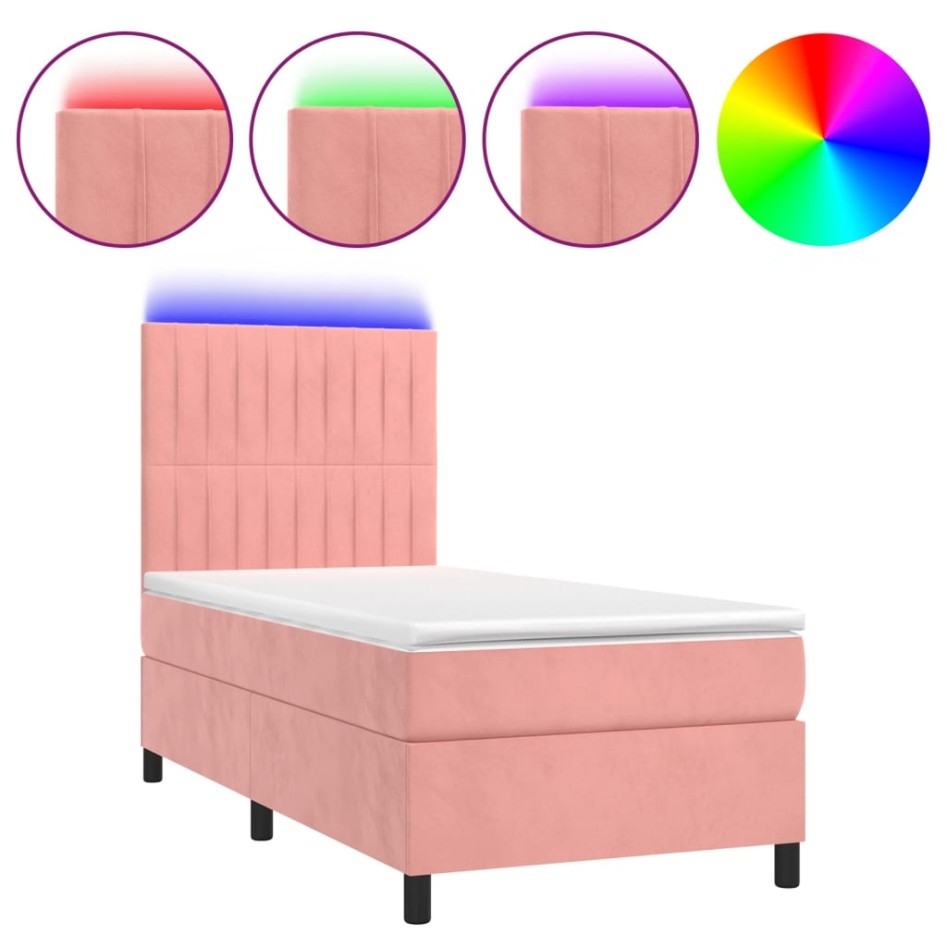 Cama box spring colchón y LED terciopelo rosa 80x200