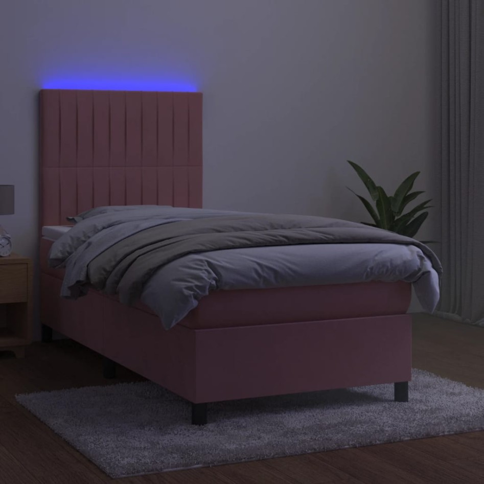 Cama box spring colchón y LED terciopelo rosa 80x200