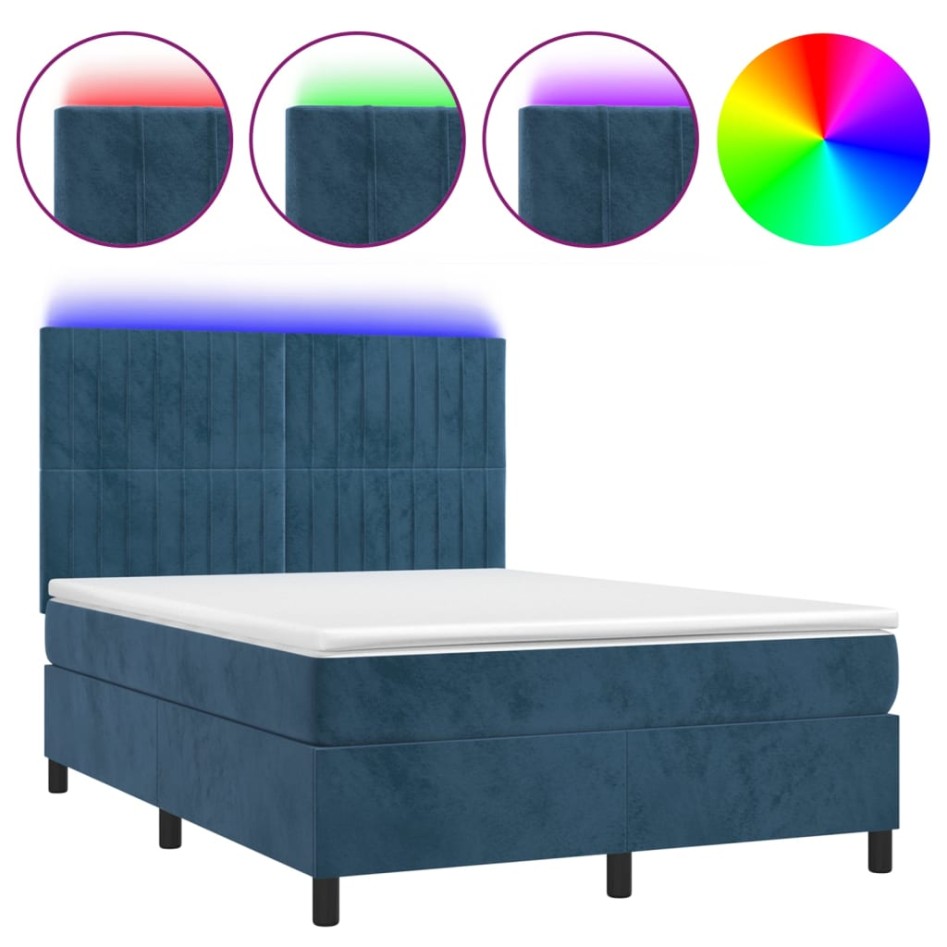 Cama box spring colchón y LED terciopelo azul oscuro 140x200