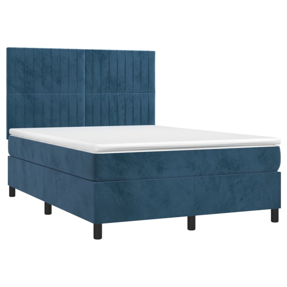 Cama box spring colchón y LED terciopelo azul oscuro 140x200