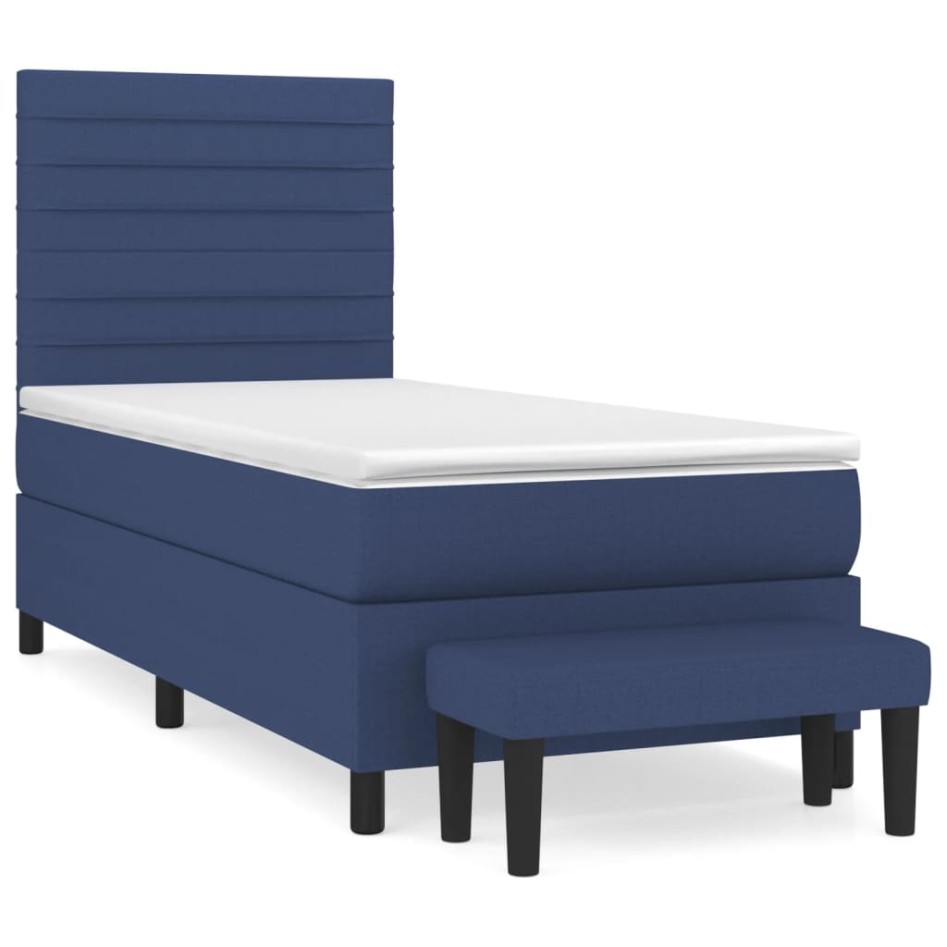 Cama box spring con colchón tela azul 80x200
