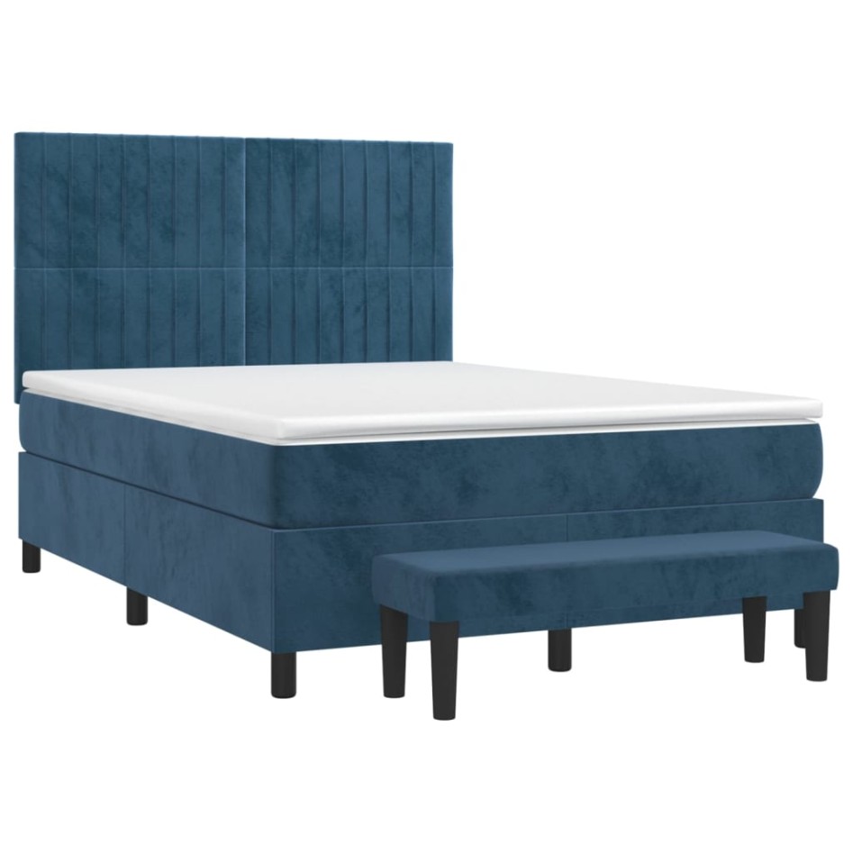 Cama box spring con colchón terciopelo azul oscuro 140x190