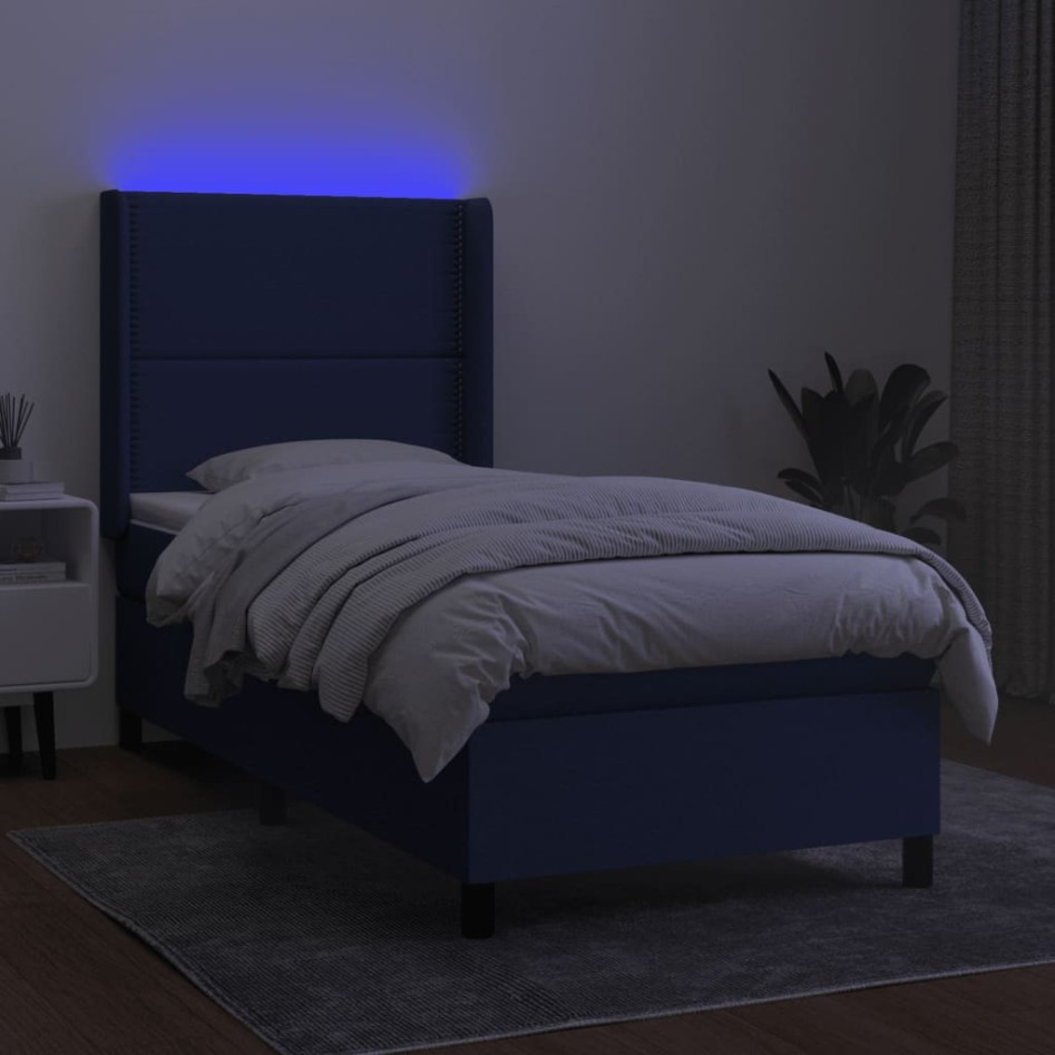 Cama box spring colchón y luces LED tela azul 80x200