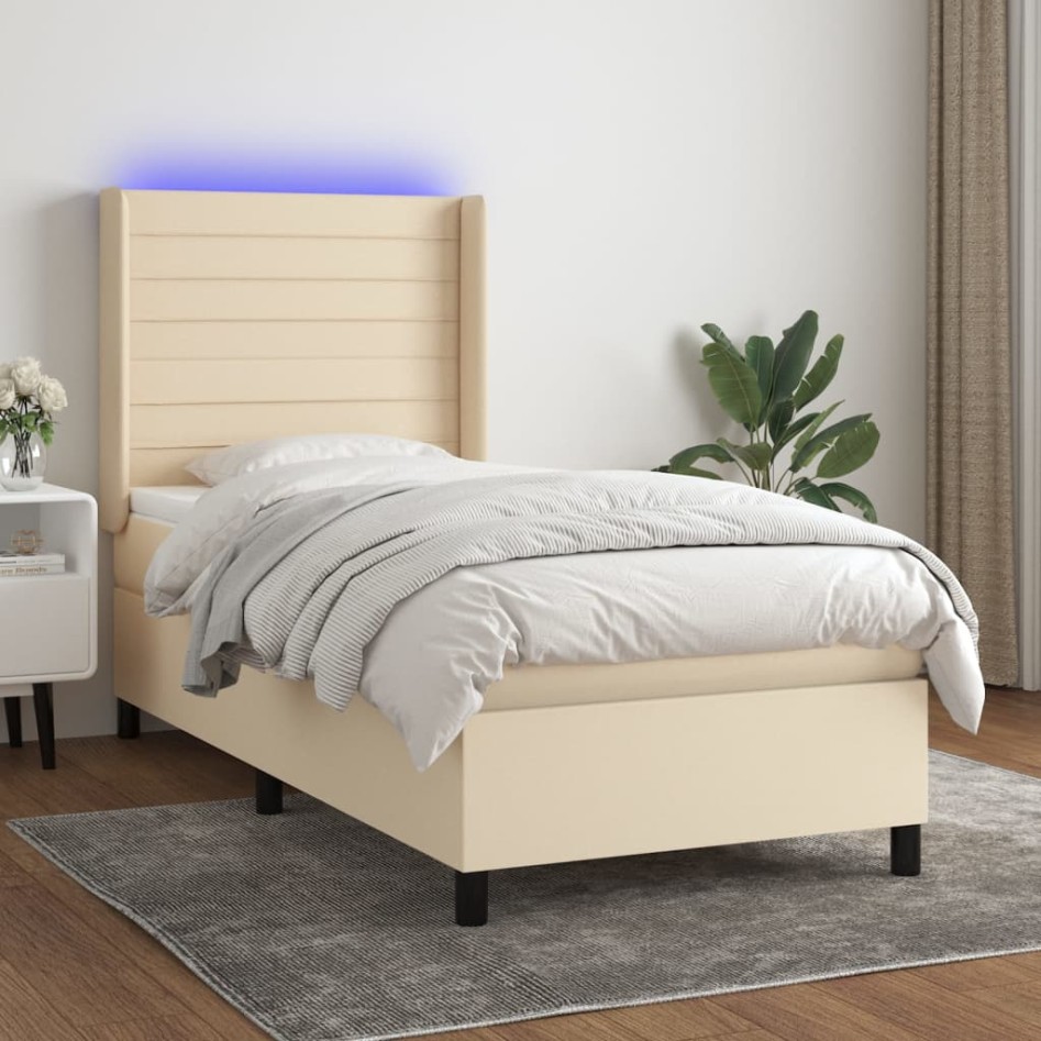Cama box spring colchón y luces LED tela crema 80x200