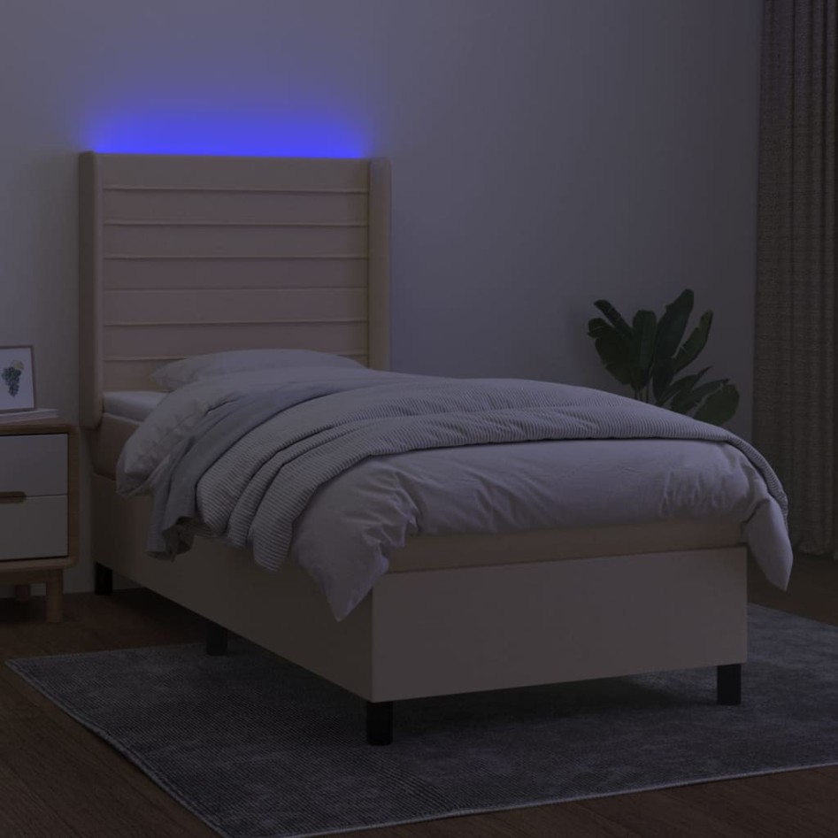 Cama box spring colchón y luces LED tela crema 80x200