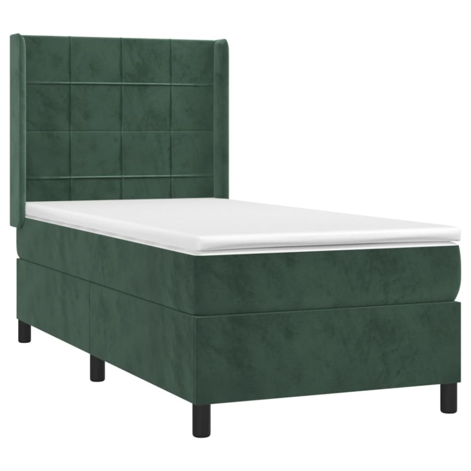 Cama box spring colchón y LED terciopelo verde oscuro 80x200