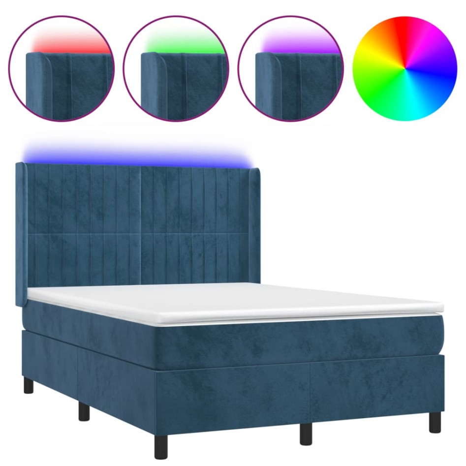 Cama box spring colchón y LED terciopelo azul oscuro 140x190