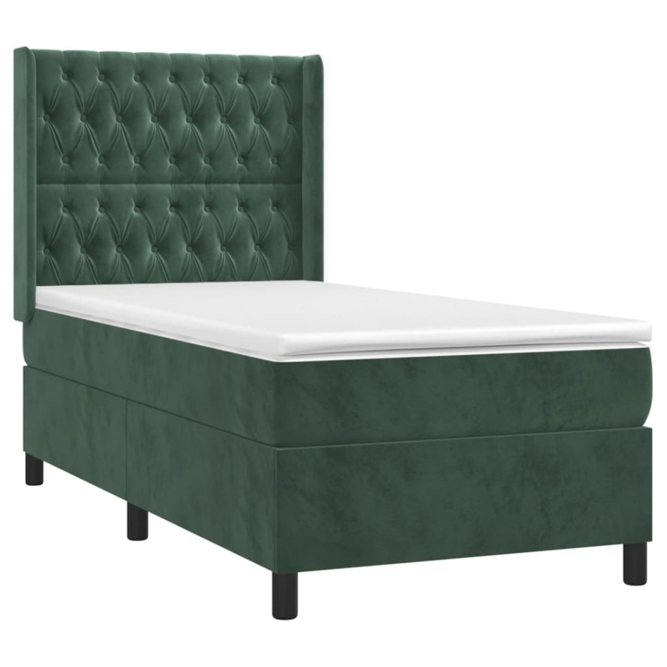 Cama box spring colchón y LED terciopelo verde oscuro 80x200