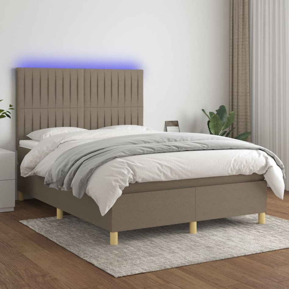 Cama box spring colchón y luces LED tela gris taupe 140x190