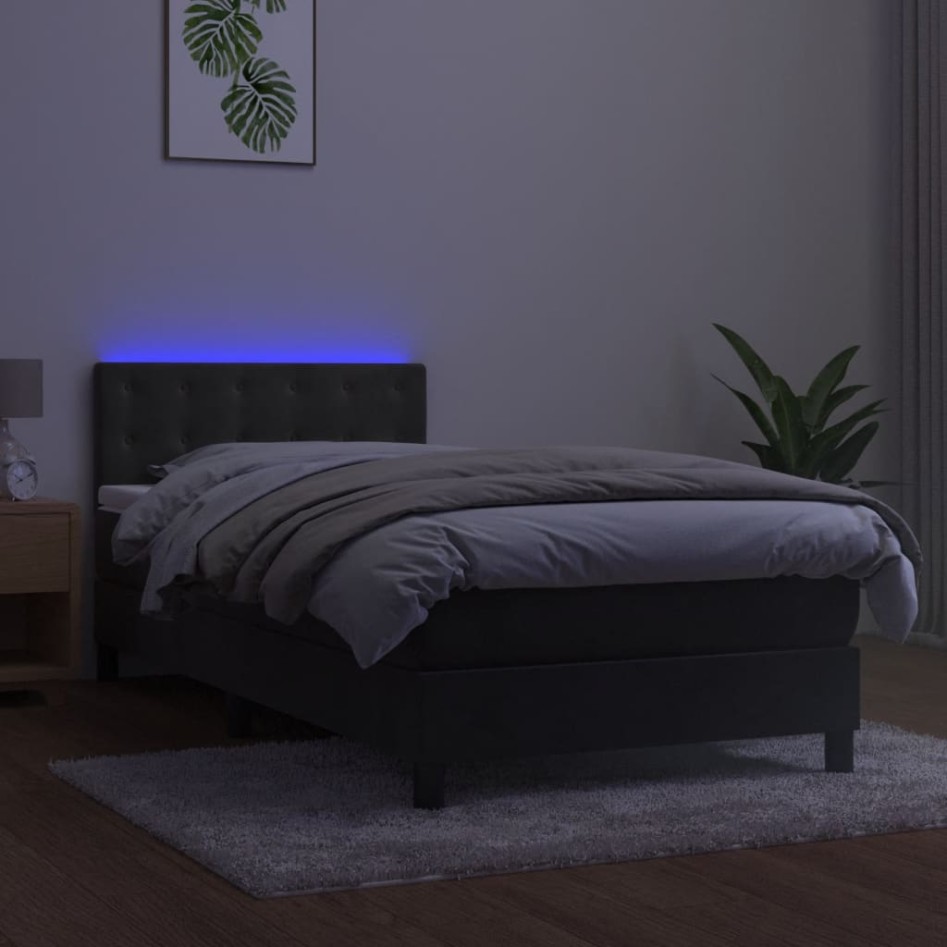 Cama box spring colchón y LED terciopelo gris oscuro 80x200