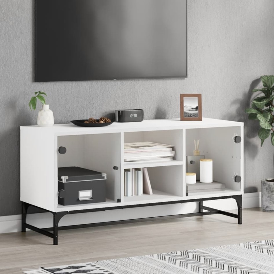 Mueble de TV con puertas de vidrio blanco 102x37x50