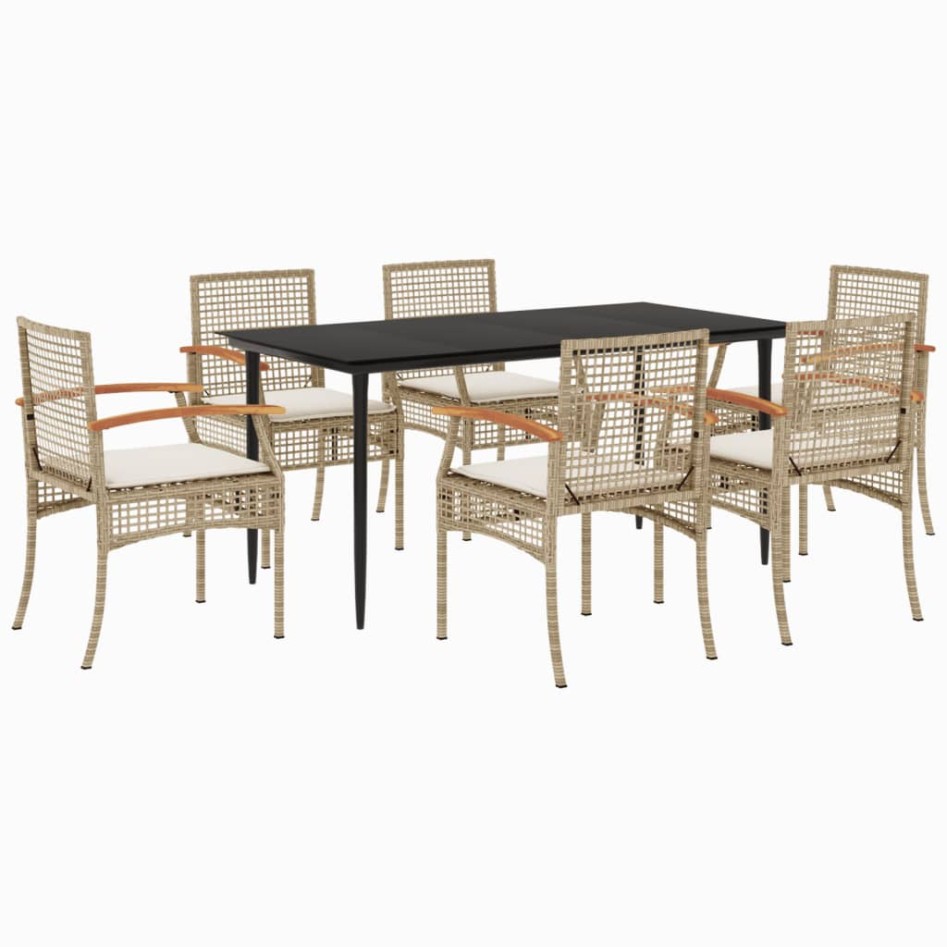 Set comedor de jardín 7 pzas con cojines ratán sintético