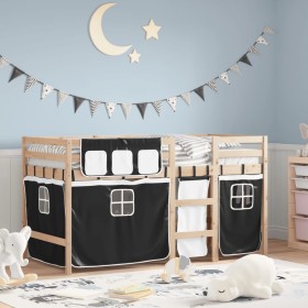 Cama alta niños con cortinas madera pino blanco negro 90x190