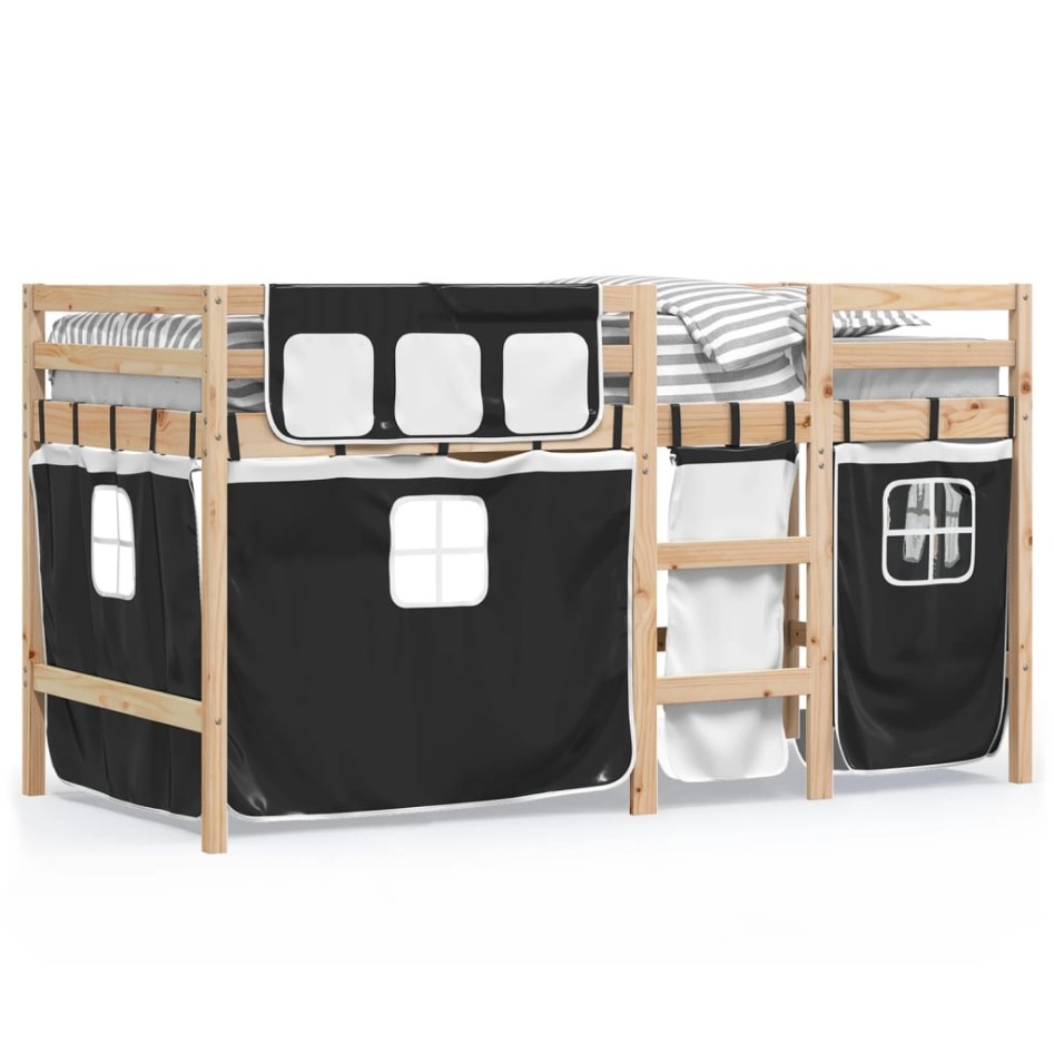Cama alta niños con cortinas madera pino blanco negro 90x190