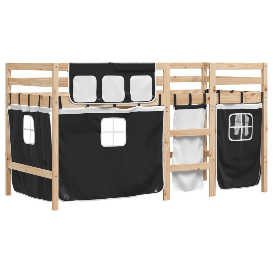 Cama alta niños con cortinas madera pino blanco negro 90x190