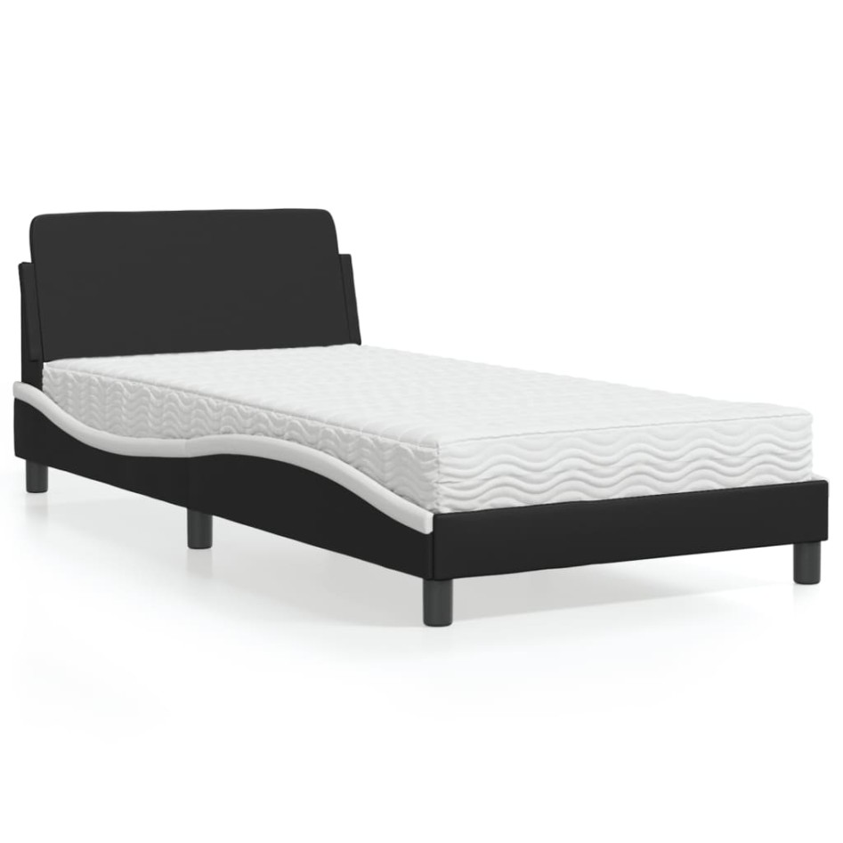 Cama con colchón cuero sintético negro y blanco 100x200