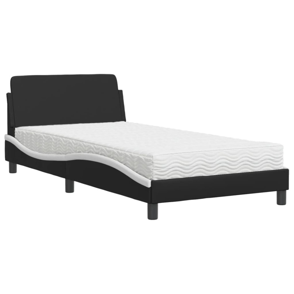 Cama con colchón cuero sintético negro y blanco 100x200
