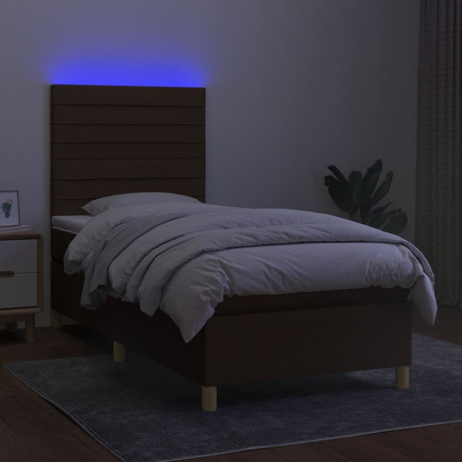 Cama box spring colchón y luces LED tela marrón oscuro
