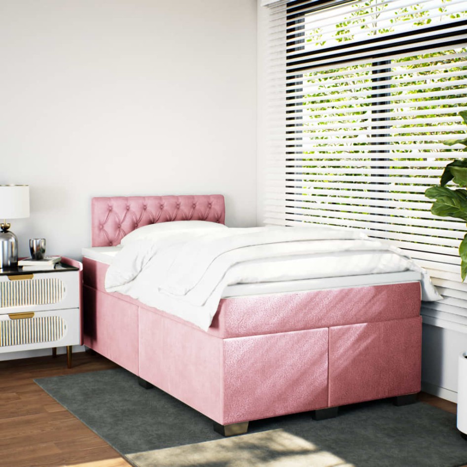 Cama box spring con colchón terciopelo rosa 120x200