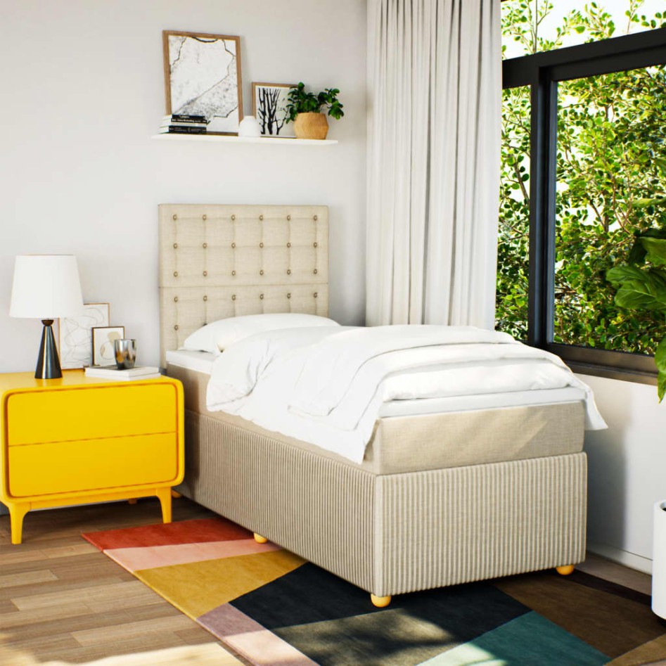 Cama box spring con colchón tela color crema 90x200