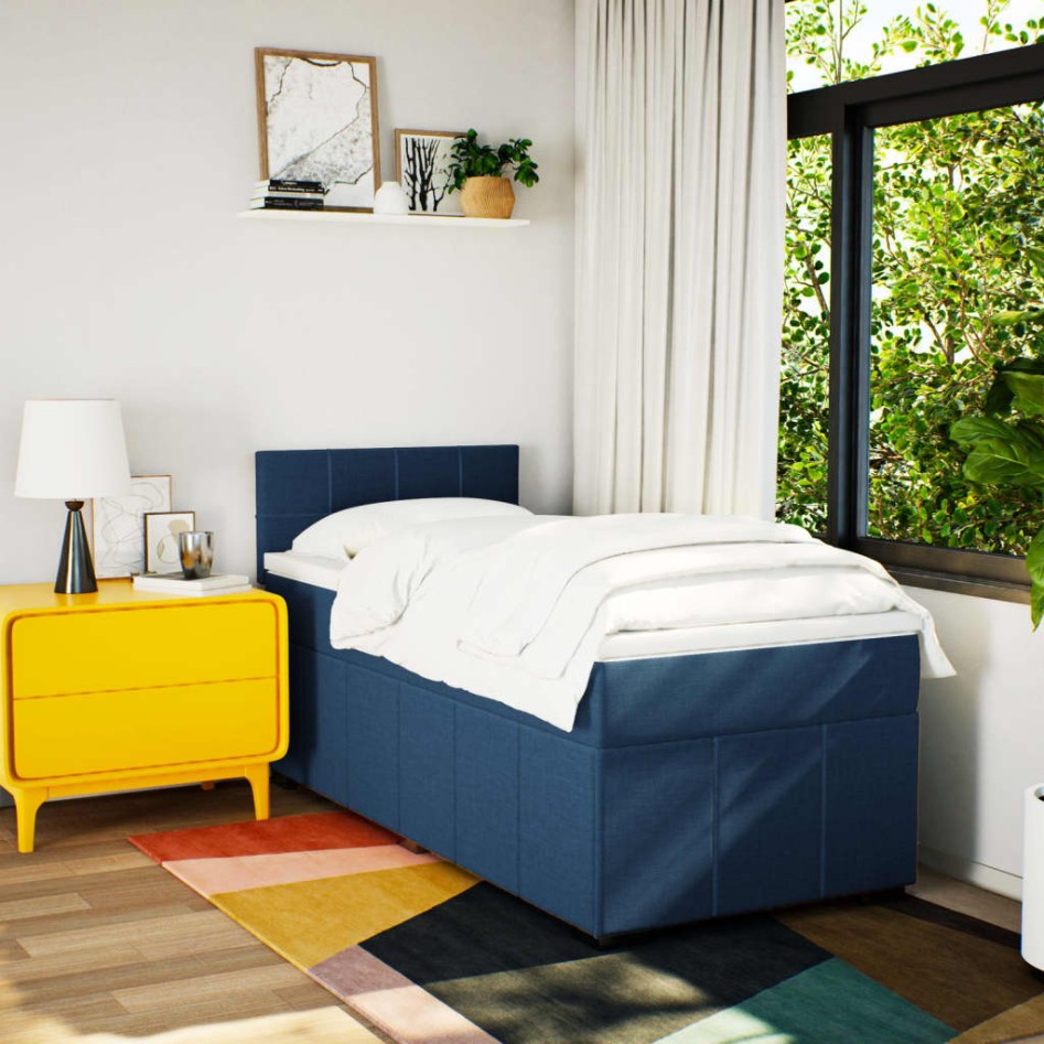 Cama box spring con colchón tela azul 90x190