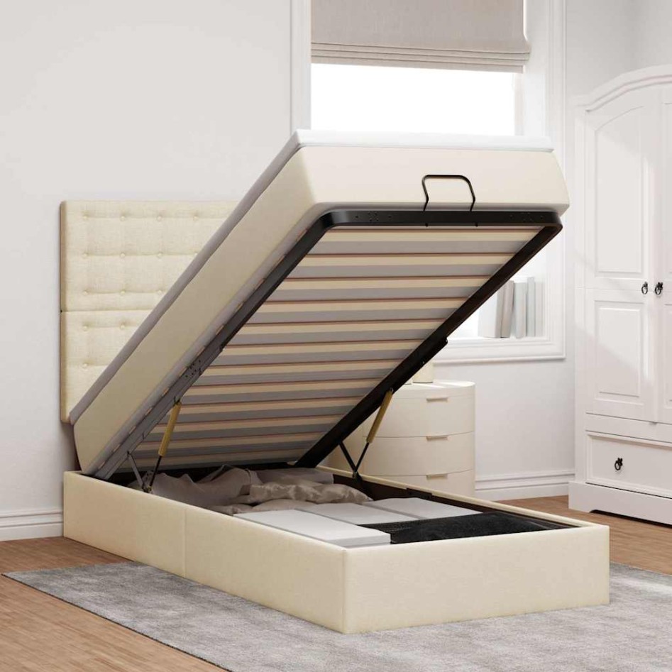 Cama otomana con colchón y luces LED tela crema 90x200