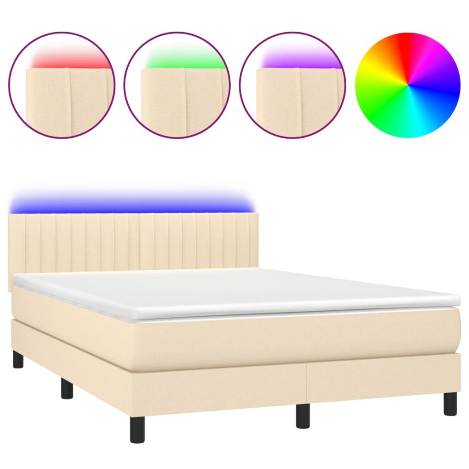 Cama box spring colchón y luces LED tela crema 140x200