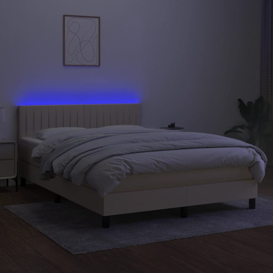 Cama box spring colchón y luces LED tela crema 140x200