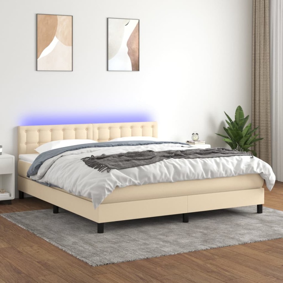 Cama box spring colchón y luces LED tela crema 180x200