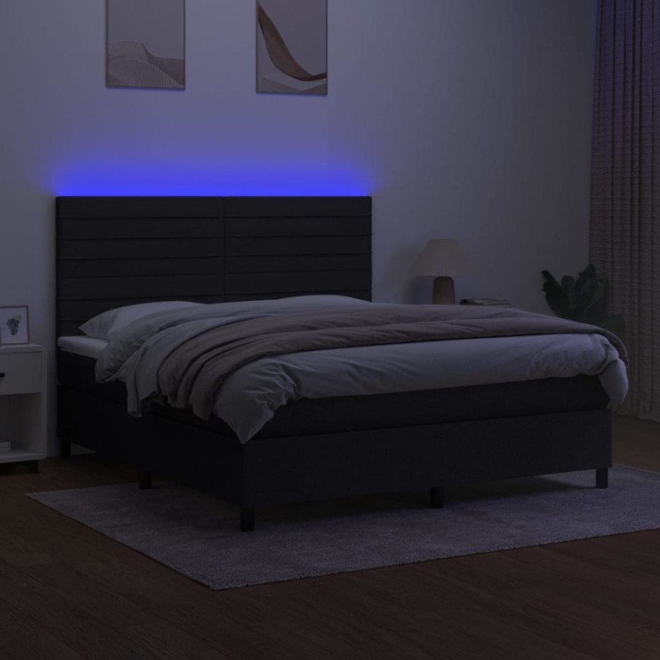 Cama box spring colchón y luces LED tela negro 160x200
