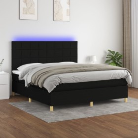 Cama box spring colchón y luces LED tela negro 160x200