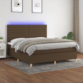 Cama box spring colchón luces LED tela marrón oscuro