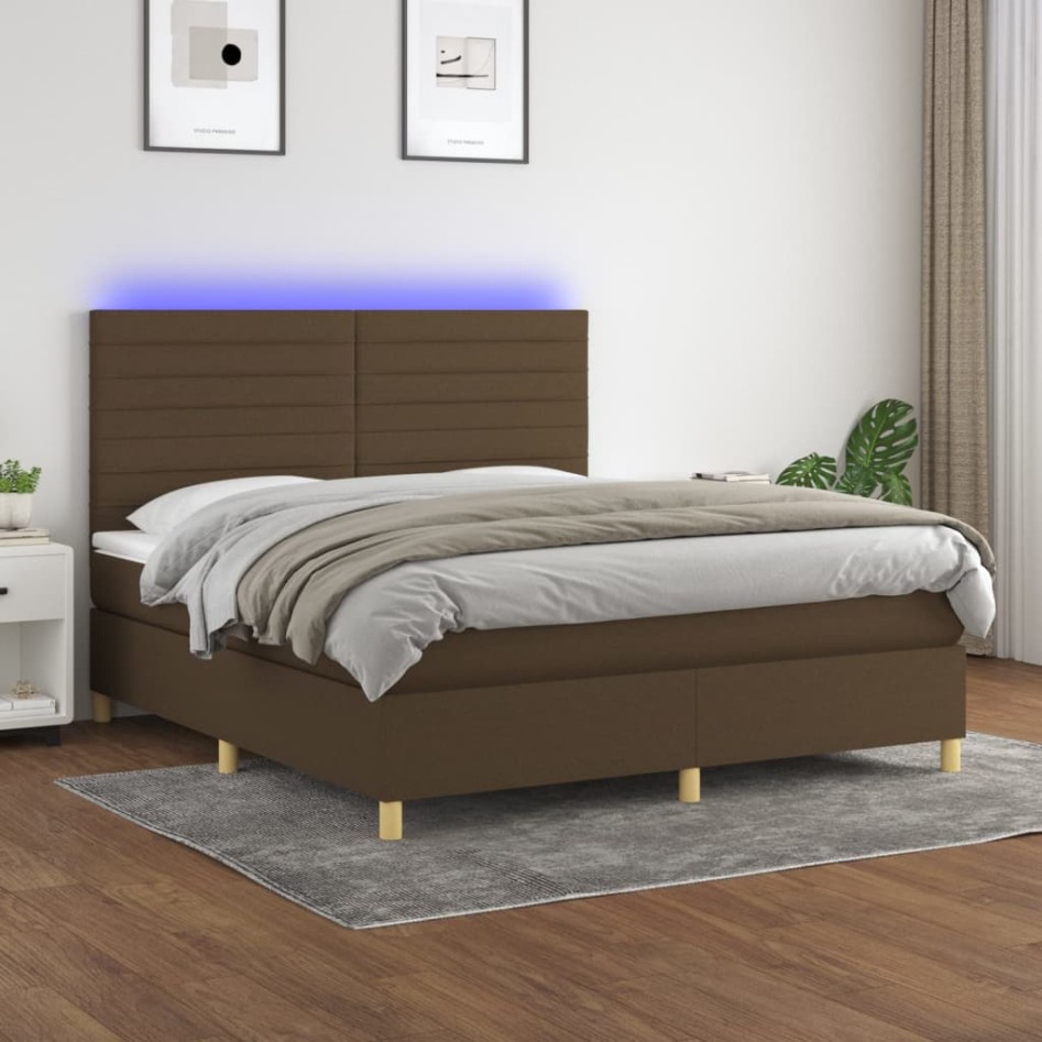 Cama box spring colchón luces LED tela marrón oscuro