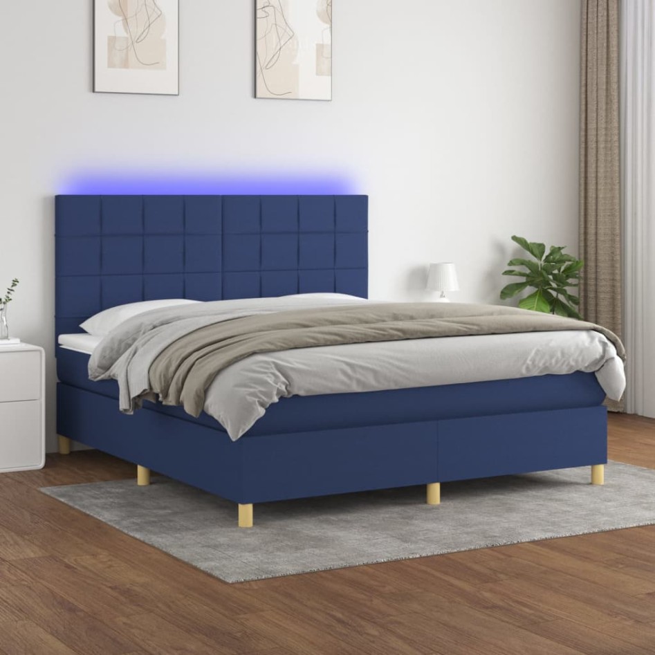 Cama box spring colchón y luces LED tela azul 160x200