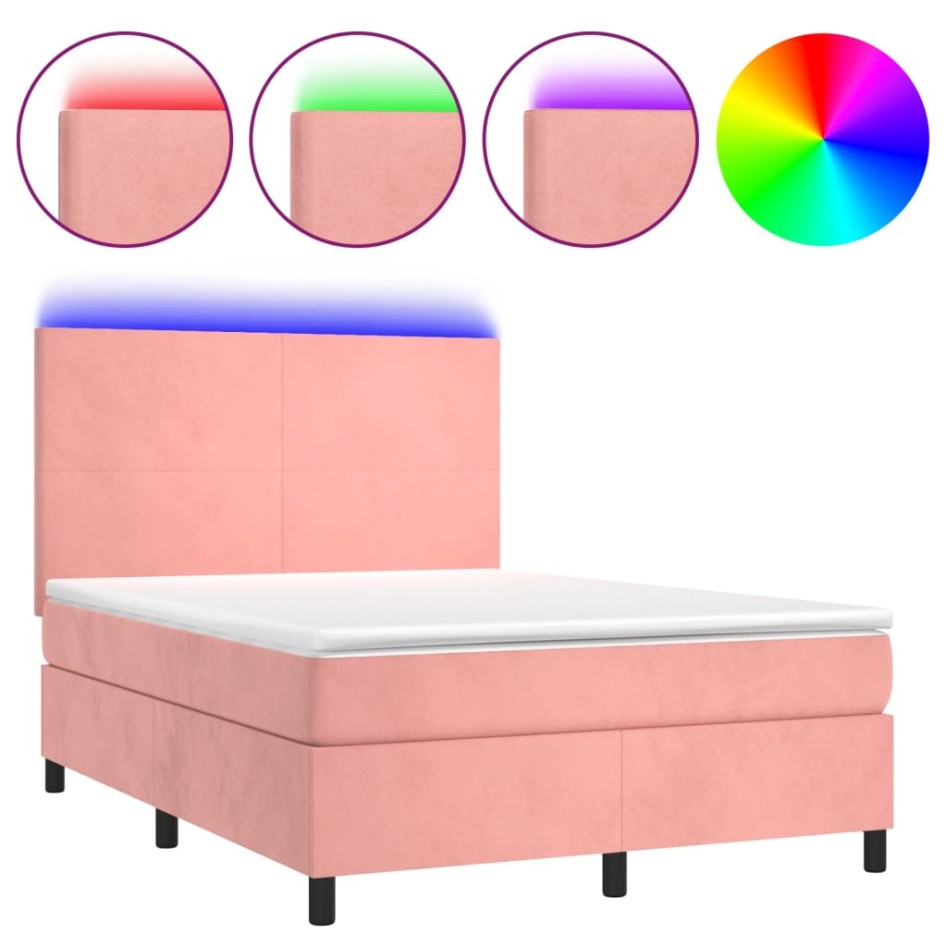 Cama box spring colchón y LED terciopelo rosa 140x190