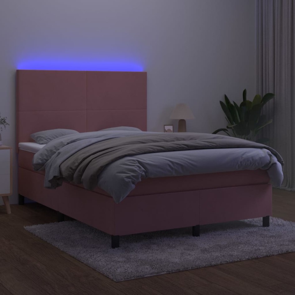 Cama box spring colchón y LED terciopelo rosa 140x190