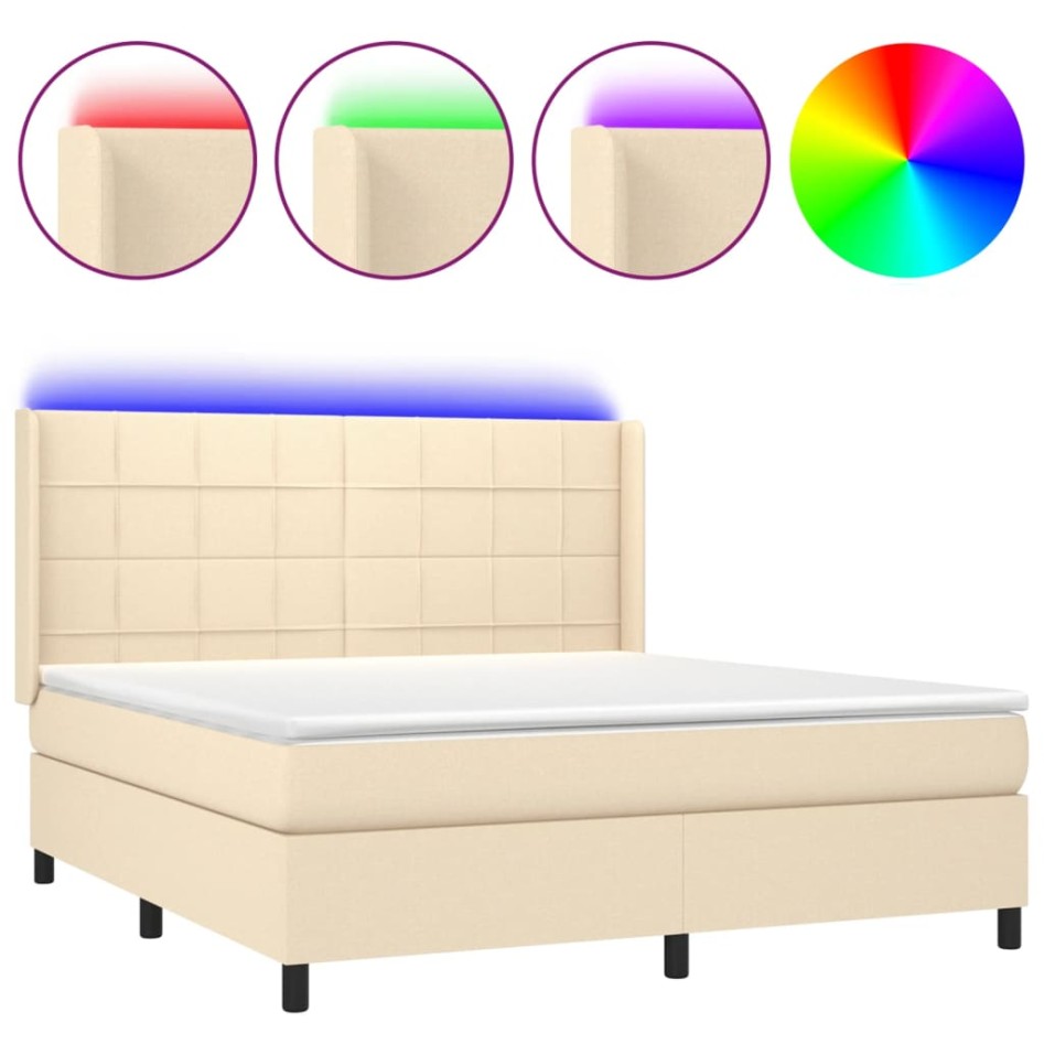 Cama box spring colchón y luces LED tela crema 160x200