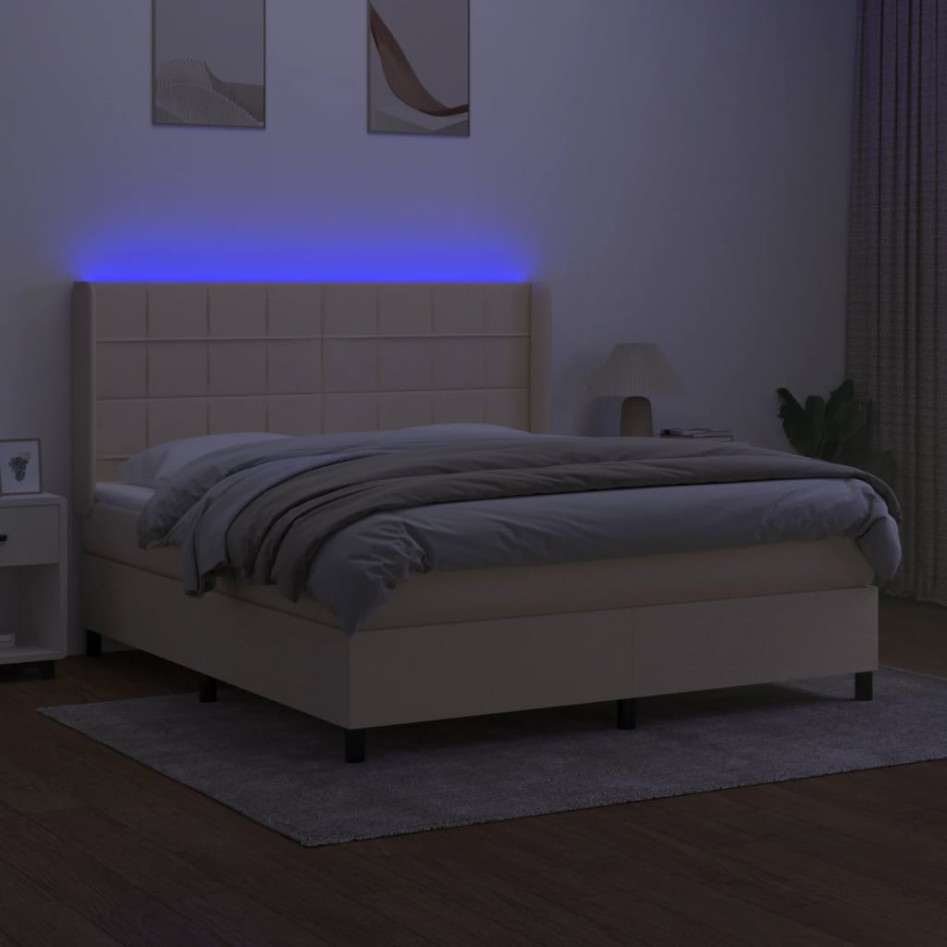Cama box spring colchón y luces LED tela crema 160x200