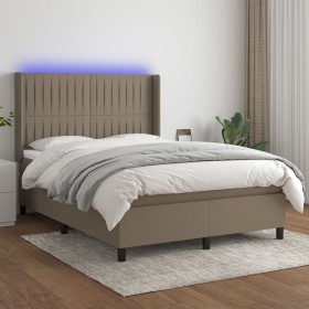 Cama box spring colchón y luces LED tela gris taupe 140x200