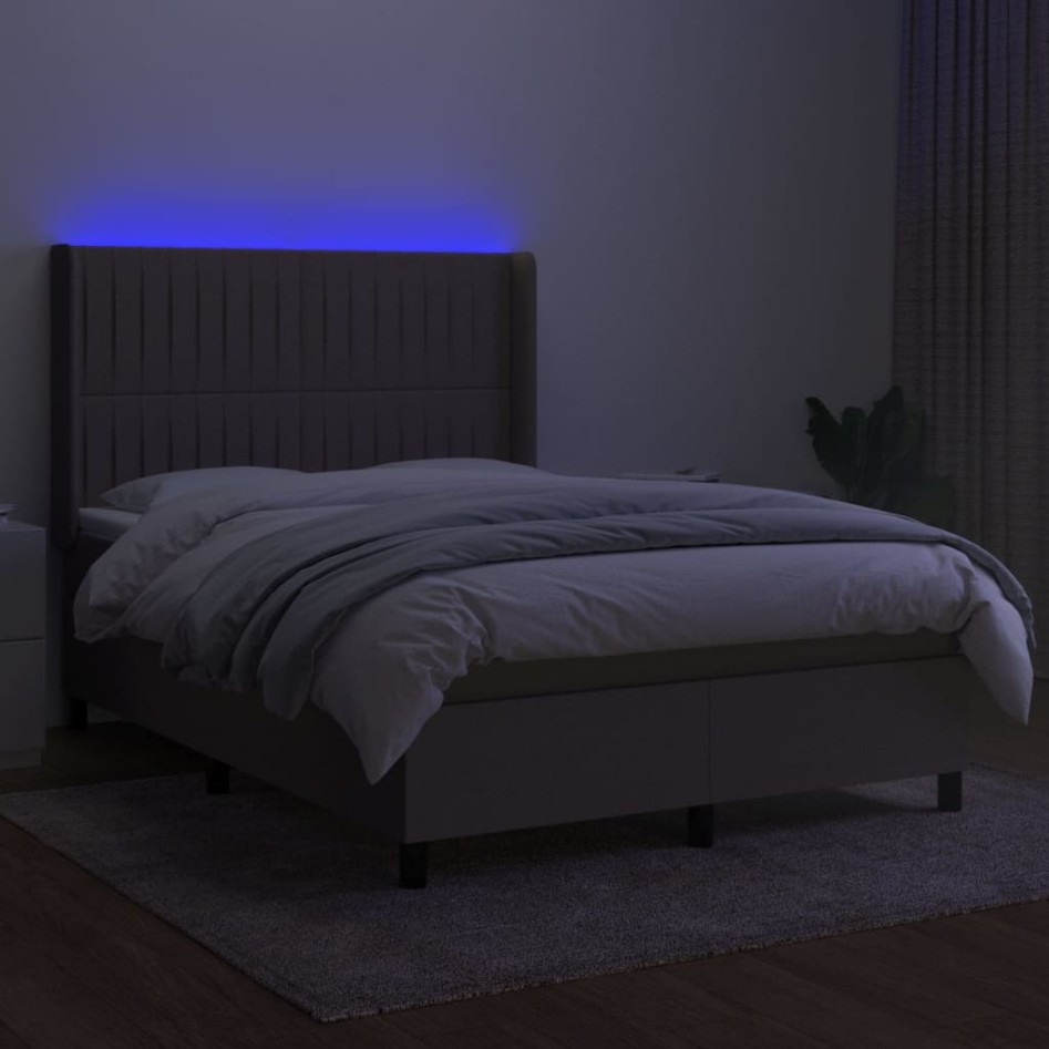Cama box spring colchón y luces LED tela gris taupe 140x200