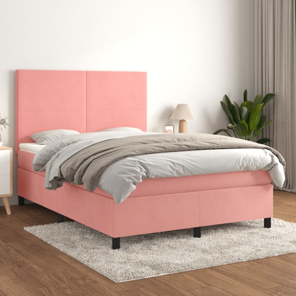 Cama box spring con colchón terciopelo rosa 140x200