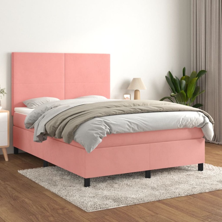 Cama box spring con colchón terciopelo rosa 140x190