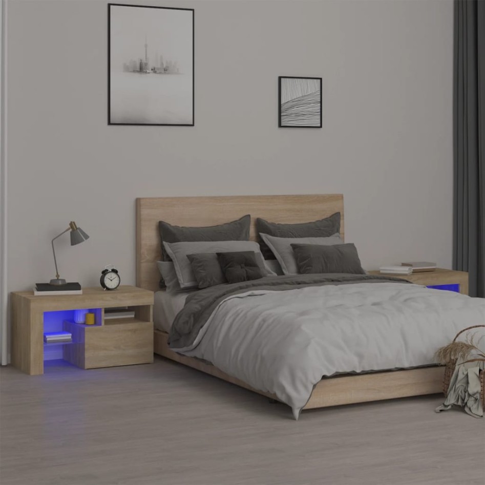 Mesitas de noche con luces LED 2 uds roble Sonoma