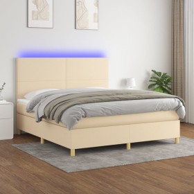 Cama box spring colchón y luces LED tela crema 160x200