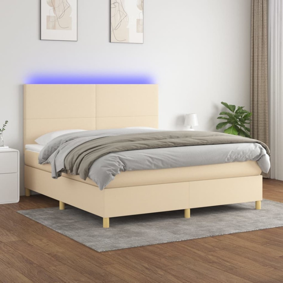 Cama box spring colchón y luces LED tela crema 160x200