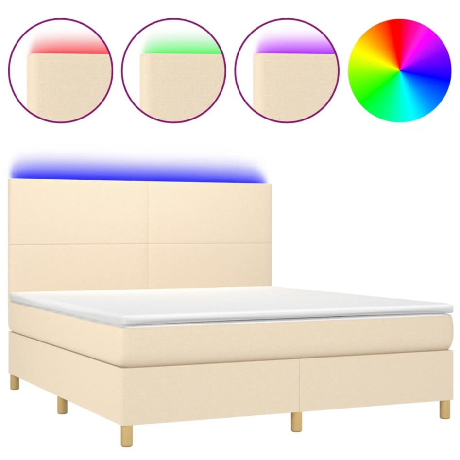Cama box spring colchón y luces LED tela crema 160x200