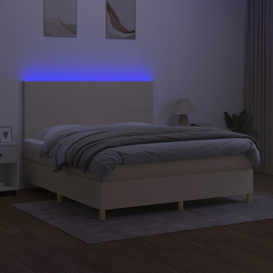 Cama box spring colchón y luces LED tela crema 160x200