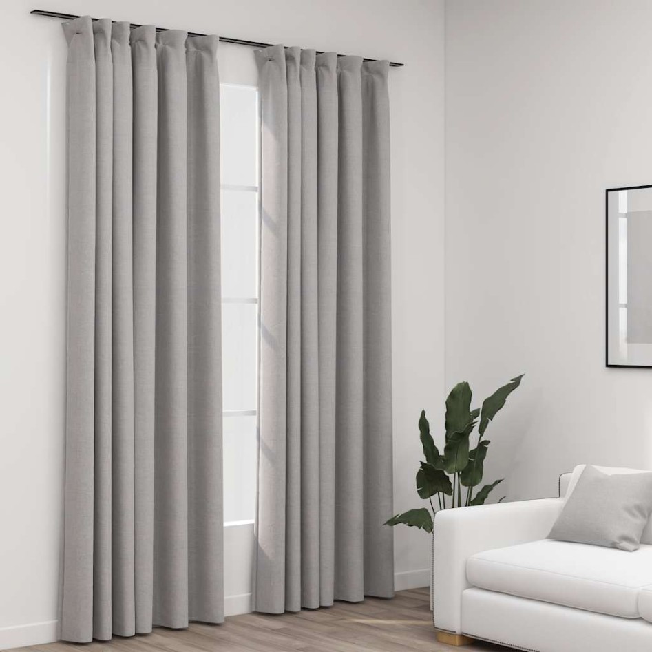 Cortinas opacas con ganchos look de lino 2 pzas gris 140x245